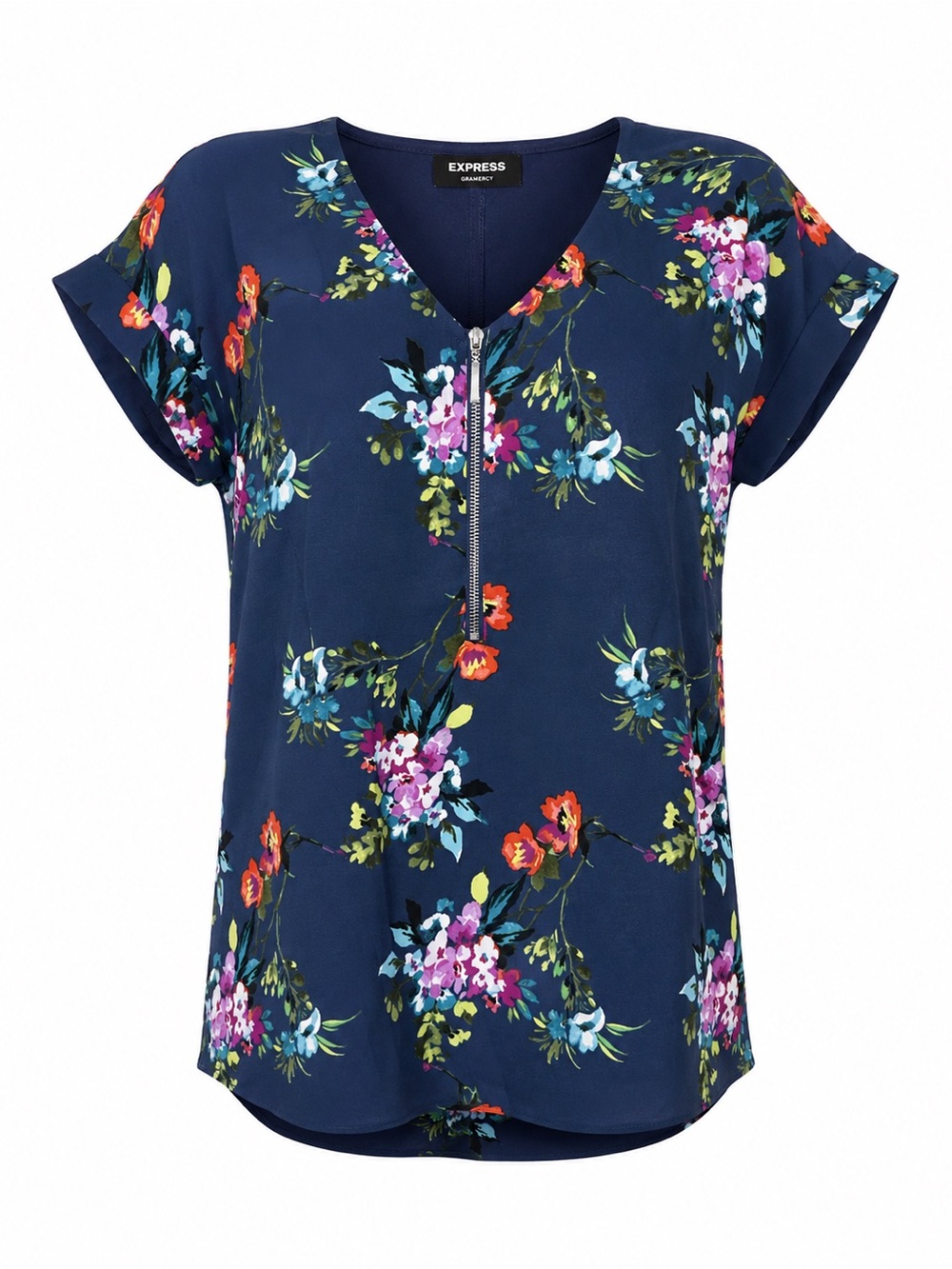 Express Blue Floral Zip V-Neck Gramercy Blouse, Size S